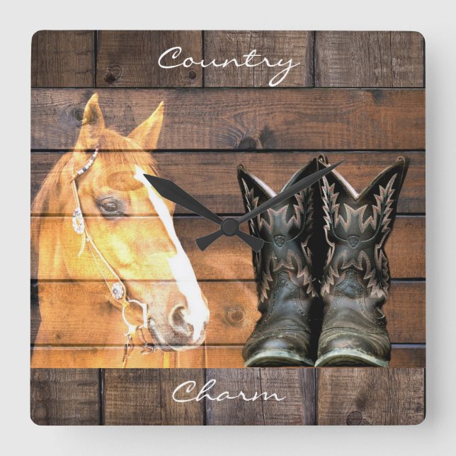 Horse CowboyBoots Rustic Barn Board Fyrkantig Klocka (Framsida)
