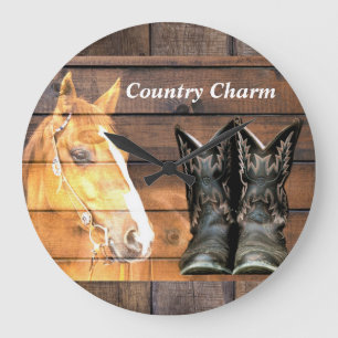 Horse CowboyBoots Rustic Barn Board Stor Klocka