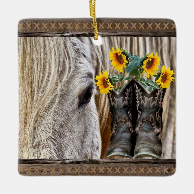 Horse CowboyBoots Sunblommor Barn Board Julgransprydnad Keramik (Framsida)