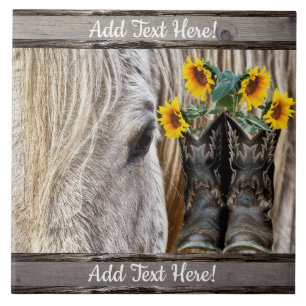 Horse CowboyBoots Sunblommor Barn Board Kakelplatta