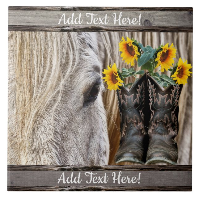 Horse CowboyBoots Sunblommor Barn Board Kakelplatta (Framsidan)