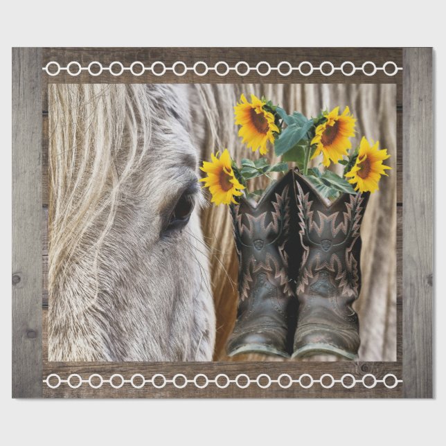 Horse CowboyBoots Sunblommor Barn Board Presentpapper (Platt)