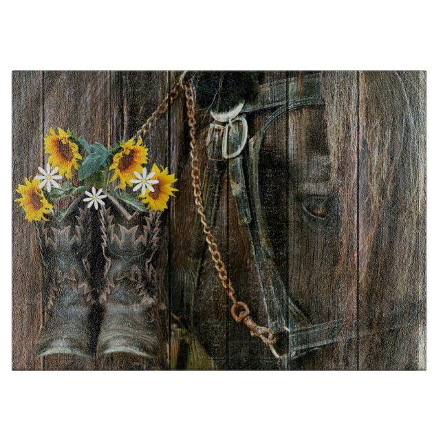 Horse CowboyBoots Sunblommor Rustic Barn Board (Framsidan)