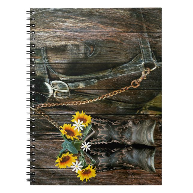 Horse CowboyBoots Sunblommor Rustic Barn Board Anteckningsbok (Framsidan)