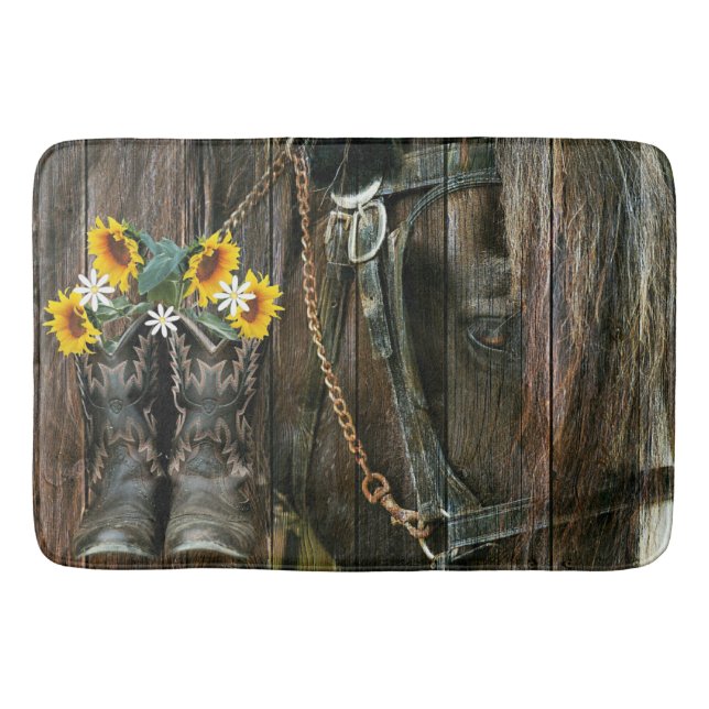 Horse CowboyBoots Sunblommor Rustic Barn Board Badrumsmatta (Framsidan)