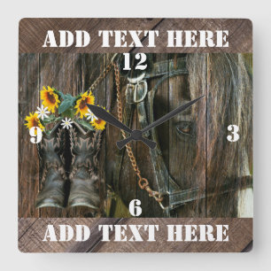 Horse CowboyBoots Sunblommor Rustic Barn Board Fyrkantig Klocka