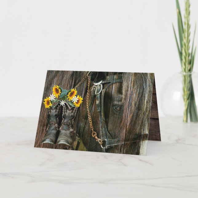 Horse CowboyBoots Sunblommor Rustic Barn Board Inbjudan (Framsida)