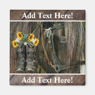 Horse CowboyBoots Sunblommor Rustic Barn Board Magnet