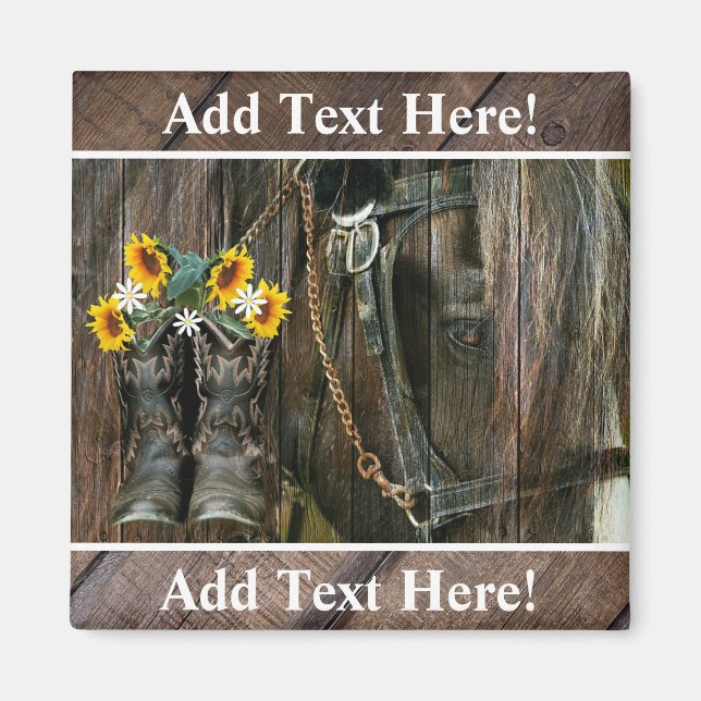 Horse CowboyBoots Sunblommor Rustic Barn Board Magnet (Framsidan)