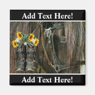 Horse CowboyBoots Sunblommor Rustic Barn Board Magnet