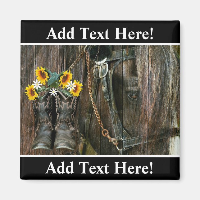 Horse CowboyBoots Sunblommor Rustic Barn Board Magnet (Framsidan)