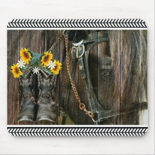 Horse CowboyBoots Sunblommor Rustic Barn Board Musmatta