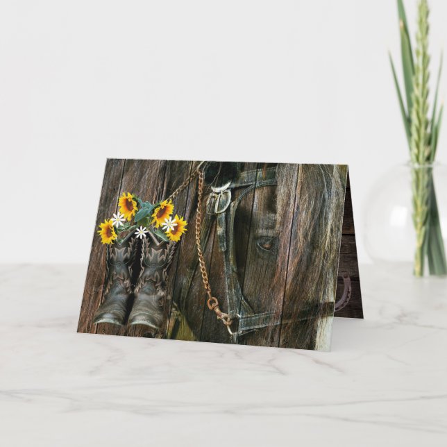 Horse CowboyBoots Sunblommor Rustic Barn Board No. Anteckningskort (Framsida)