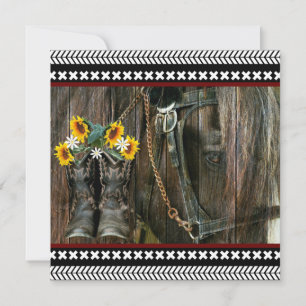 Horse CowboyBoots Sunblommor Rustic Barn Board Tack Kort