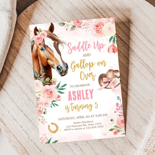 Horse Cowgirl Födelsedagsfest Inbjudningar (Pink Floral Horse Cowgirl Birthday Party Invitation)