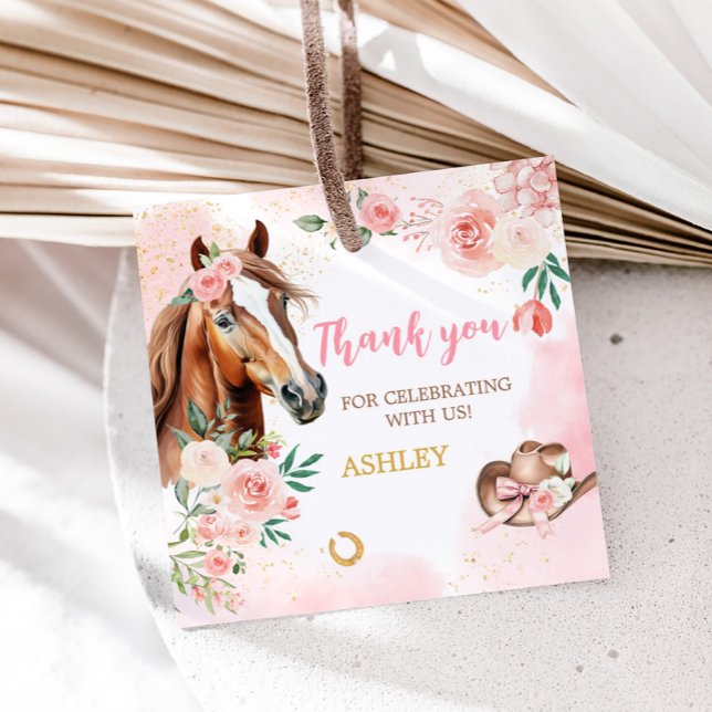 Horse Cowgirl Födelsedagsfest Square Gåvor Etiketter (Pink Floral Horse Cowgirl Birthday Party Square Favor Tags)