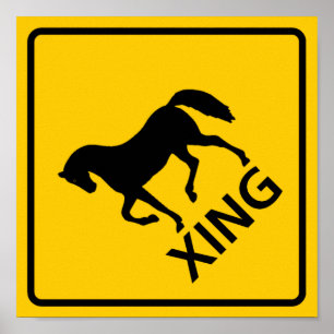 Horse Crossing Highway Sign Poster