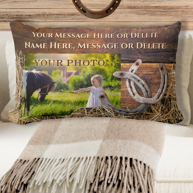 Horse Dekorativ kudde, Rustic Personlig, Horseshoe Lumbarkudde (Photo and Personalized, Horse Throw Pillow. Horseshoe Lumbar Pillow. Great, Horse Remembrance Gifts.)