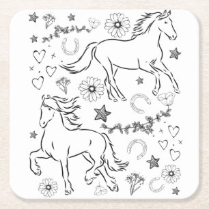 Horse Doodle Färg me in Underlägg Papper Kvadrat