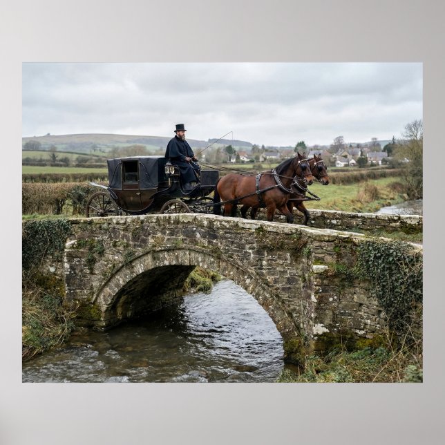 Horse-Drawn Carriage on Stone Bridge Poster (Framsidan)
