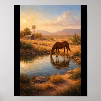 Horse drinking at a small pond poster