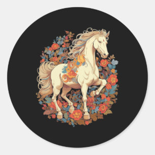 Horse Flower Blommigt Equestrian Runt Klistermärke