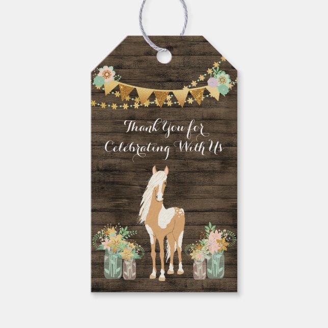Horse, Flowers Rustic Wood Birthday Tack Presentetikett (Framsidan)