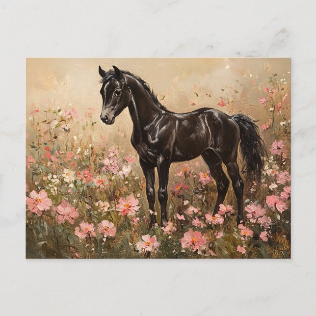 Horse Foal med  Rosa Flowers Vykort (Framsida)