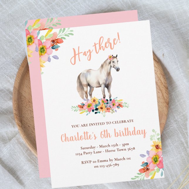 Horse Födelsedagsfest Blommigt Pony Rosa Inbjudningar (Skapare uppladdad)