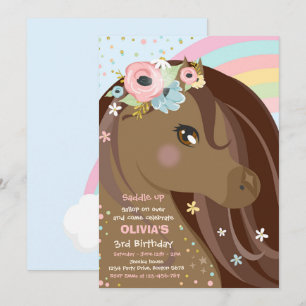 Horse Födelsedagsfest Blommigt Rosa Pony Birthday Inbjudningar