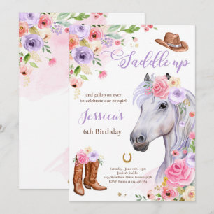 Horse Födelsedagsfest Cowgirl Lilac Blommigt Birth Inbjudningar