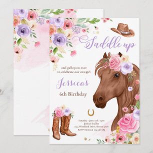 Horse Födelsedagsfest Cowgirl Lilac Blommigt Birth Inbjudningar