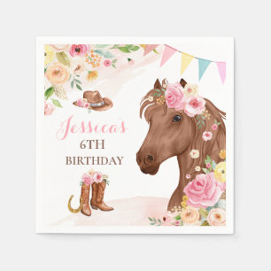Horse Födelsedagsfest Cowgirl Rosa Blommigt Birth Pappersservett