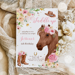 Horse Födelsedagsfest Cowgirl Rosa Blommigt Birthd Inbjudningar