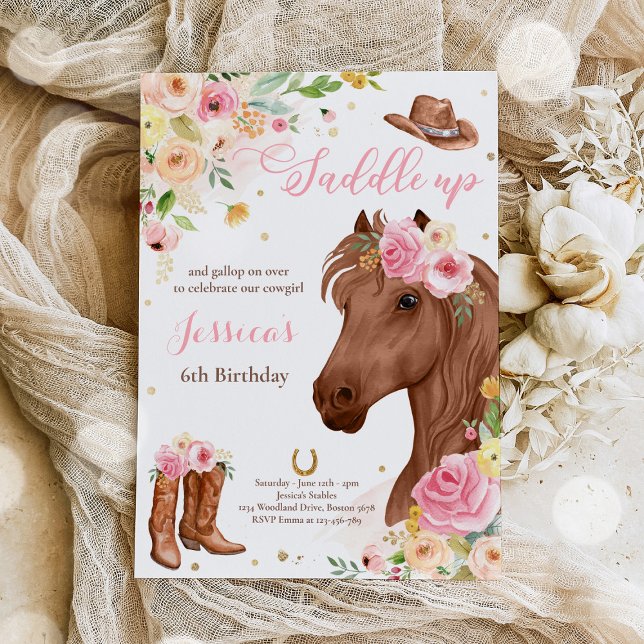Horse Födelsedagsfest Cowgirl Rosa Blommigt Birthd Inbjudningar (Skapare uppladdad)