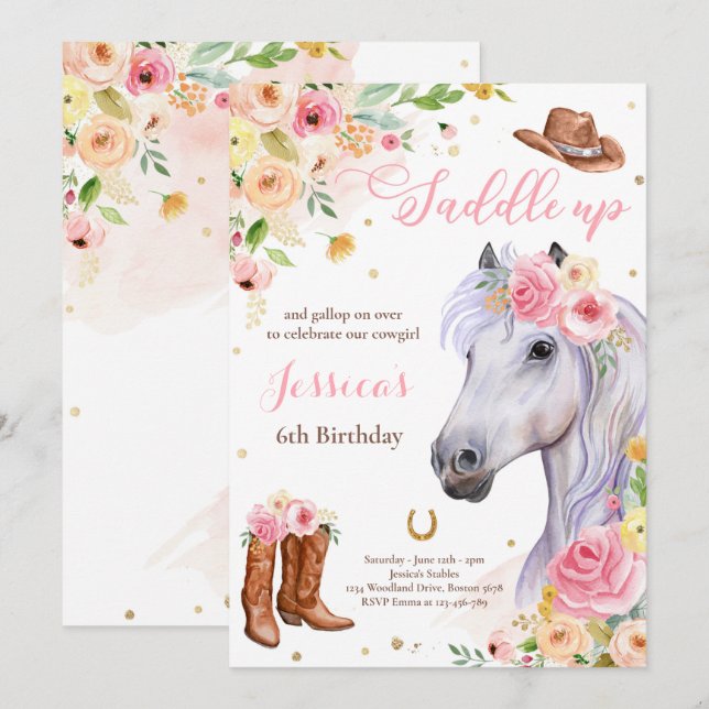 Horse Födelsedagsfest Cowgirl Rosa Blommigt Birthd Inbjudningar (Fram/baksida)