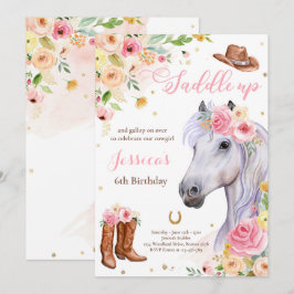 Horse Födelsedagsfest Cowgirl Rosa Blommigt Birthd Inbjudningar