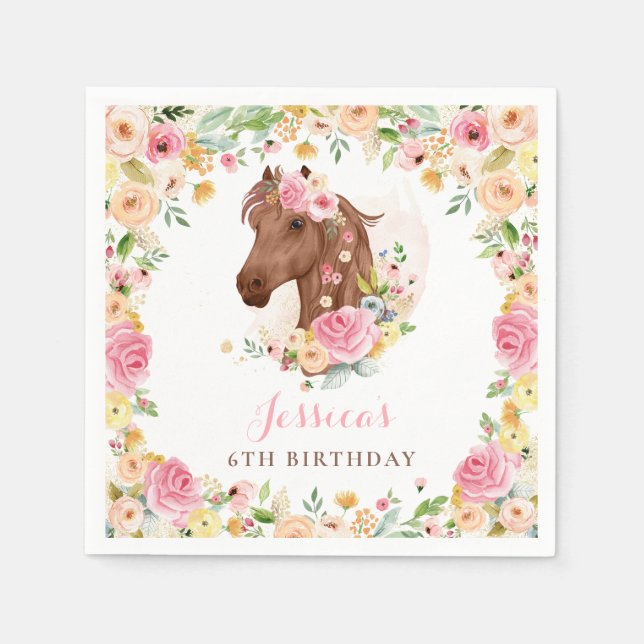 Horse Födelsedagsfest Cowgirl Rosa Blommigt Birthd Pappersservett (Framsidan)