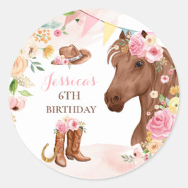 Horse Födelsedagsfest Cowgirl Rosa Blommigt Birthd Runt Klistermärke