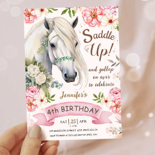 Horse Födelsedagsfest Girls Rosa 4e födelsedagen Inbjudningar