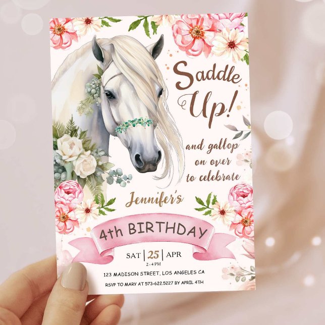 Horse Födelsedagsfest Girls Rosa 4e födelsedagen Inbjudningar (Skapare uppladdad)