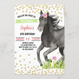 Horse Födelsedagsfest Guld Glitter Rosa Blommigt Inbjudningar