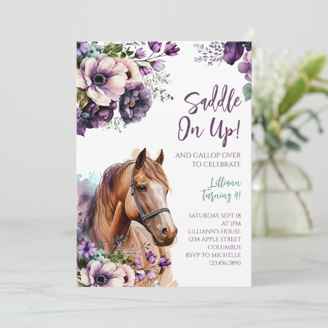 Horse Födelsedagsfest inbjudan Lila blommor (Stående Fram)