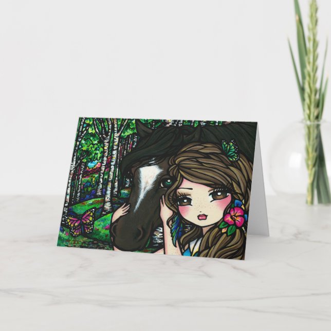 Horse Forest Butterfly Flower Fantasy Fairy Girl Kort (Framsida)