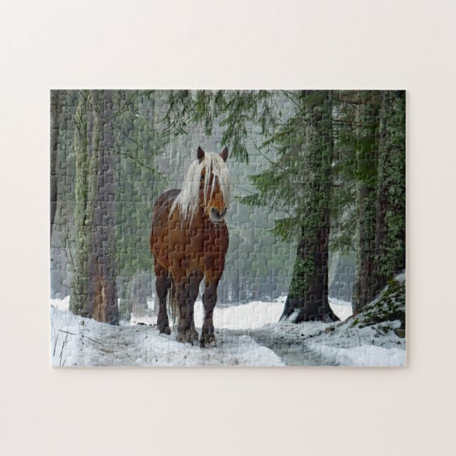 Horse Forest Snö Watercolor Pussel (Horisontell)