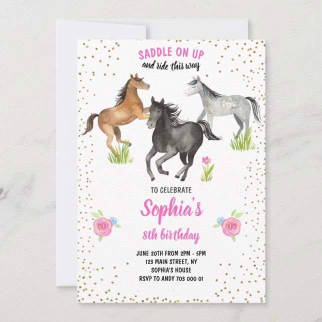 Horse Girl Birthday Inbjudan Rosa Blommigt (Framsida)