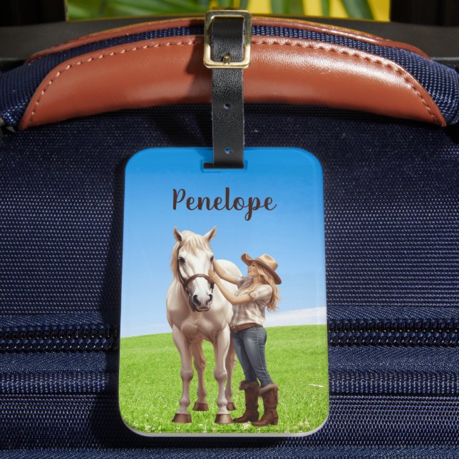 Horse Girl Horseback Riding Meadow Personalized Bagagebricka (Framsida Insitu 2)