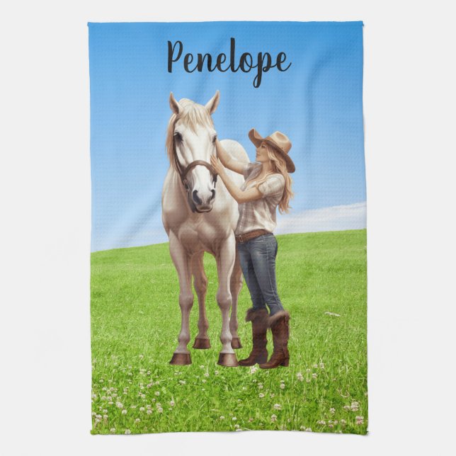 Horse Girl Horseback Riding Meadow Personalized Kökshandduk (Vertikal)