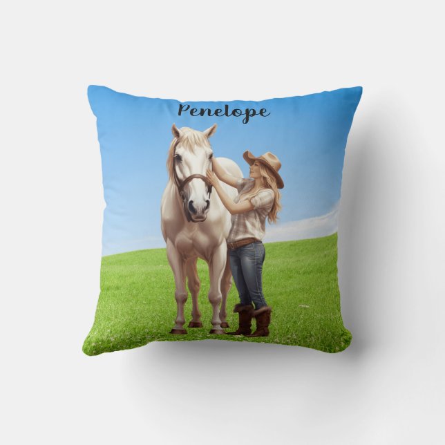 Horse Girl Horseback Riding Meadow Personalized Kudde (Baksida)