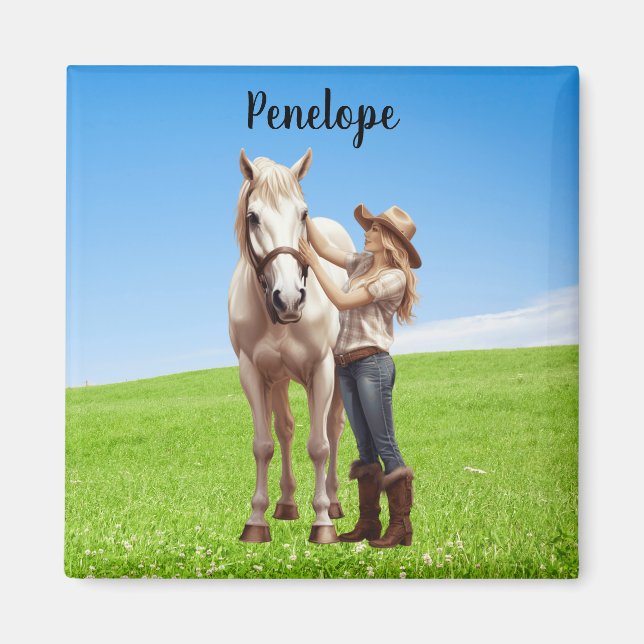 Horse Girl Horseback Riding Meadow Personalized Magnet (Framsidan)